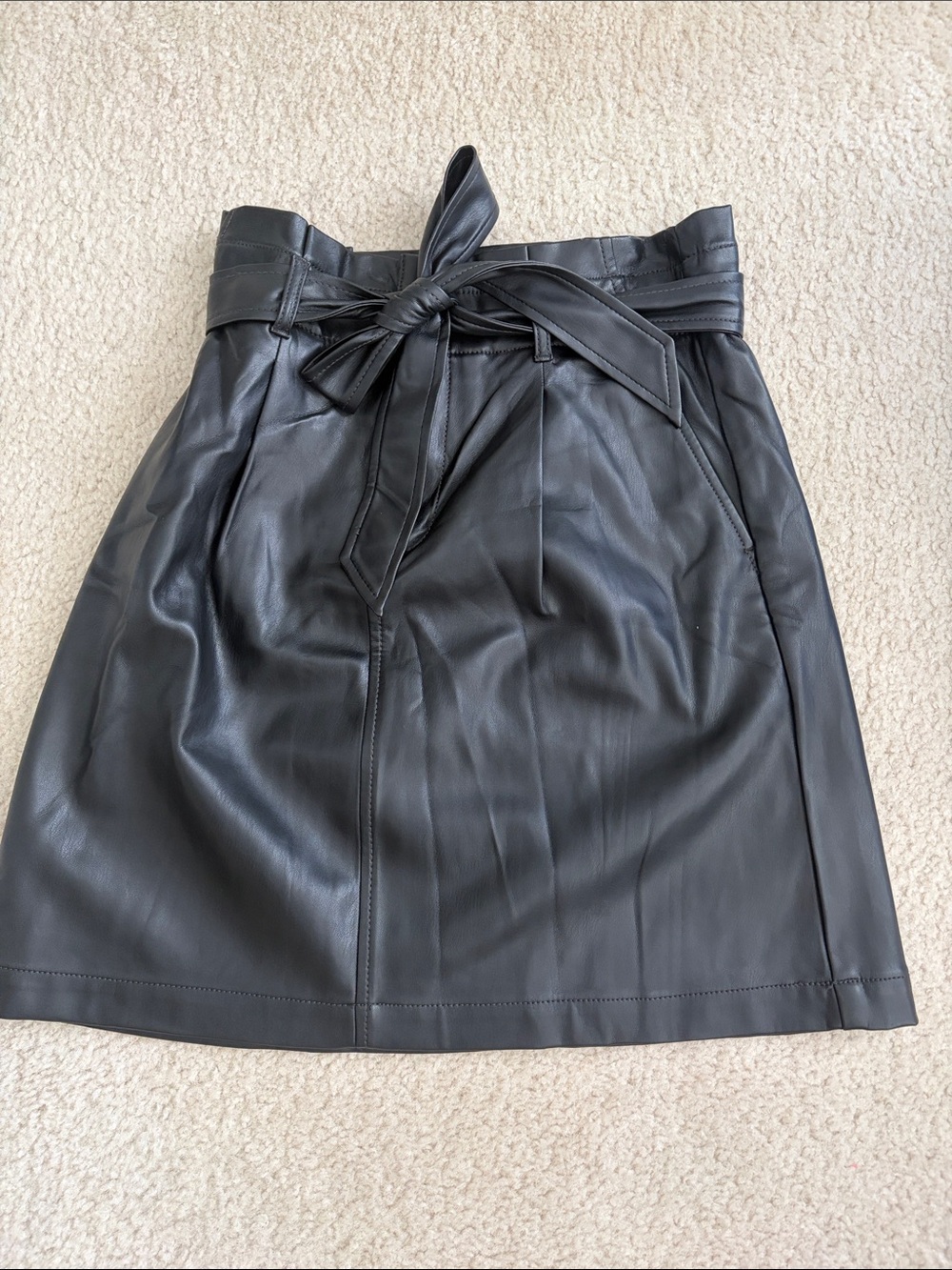 LOFT Black Faux Leather Paperbag Waist Mini Skirt with Tie